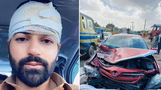 A bandaged Afsar Zazai and his damaged car after the accident. (Twitter Image) A bandaged Afsar Zazai and his damaged car after the accident. (Twitter Image)
