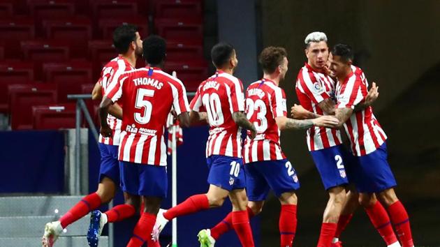 Atletico Madrid's Vitolo celebrates scoring their first goal with teammates, as play resumes behind closed doors following the outbreak of the coronavirus disease (COVID-19)(REUTERS)