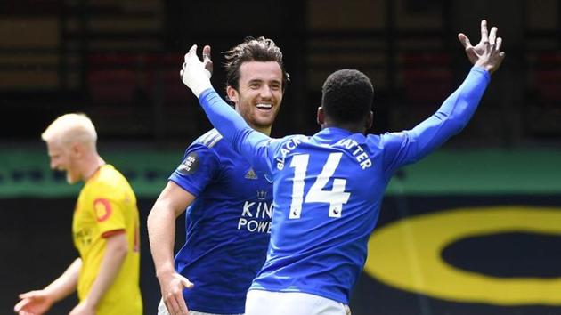 Soccer Football - Premier League - Watford v Leicester City - Vicarage Road, Watford, Britain - June 20, 2020 Leicester City's Ben Chilwell celebrates scoring their first goal with Kelechi Iheanacho as play resumes behind closed doors following the outbreak of the coronavirus disease (COVID-19) (REUTERS)