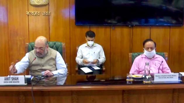 Union Home Minister Amit Shah chaired a meeting over Covid-19 situation in New Delhi on Sunday. (ANI) Union Home Minister Amit Shah chaired a meeting over Covid-19 situation in New Delhi on Sunday. (ANI)