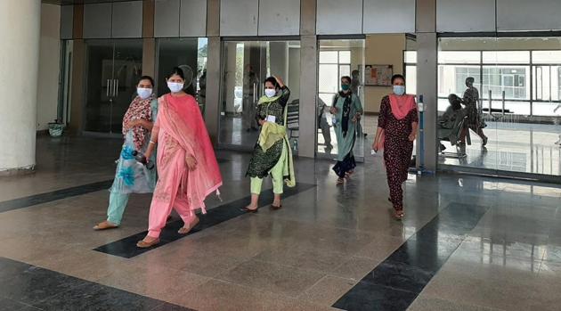 Students coming out of the exam hall at Guru Gobind Singh Medical College, Faridkot on Sunday.(HT PHOTO)