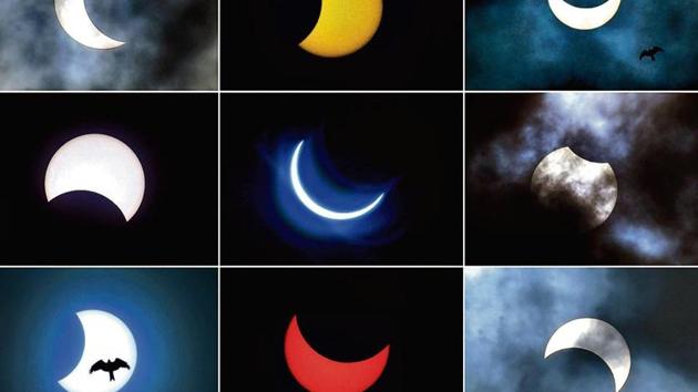 The solar eclipse as seen from (top left to right) Kolkata, Coimbatore, Hyderabad, (centre L to R) Bengaluru, Ghaziabad, Patna and (bottom L to R) Chennai, New Delhi and Mumbai on Sunday. (HT Photos) The solar eclipse as seen from (top left to right) Kolkata, Coimbatore, Hyderabad, (centre L to R) Bengaluru, Ghaziabad, Patna and (bottom L to R) Chennai, New Delhi and Mumbai on Sunday. (HT Photos)