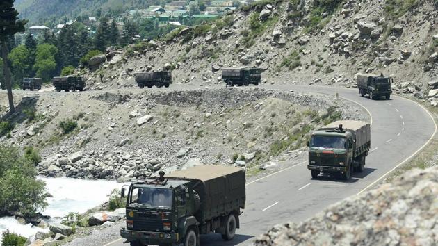 An army convoy moves along the Srinagar-Leh National highway, in Ganderbal district of Central Kashmir, Wednesday.(PTI/For Representative Purposes Only)