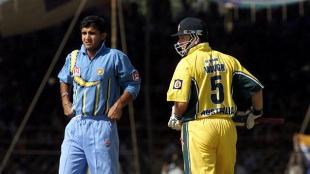 31 Mar 2001: Saurav Ganguly captain of India (left) and Steve Waugh captain of Australia (right) cross paths, during the 3rd One Day International between India and Australia, played at Nehru Stadium, Indore, India. X DIGITAL IMAGE Mandatory Credit:(Getty Images)