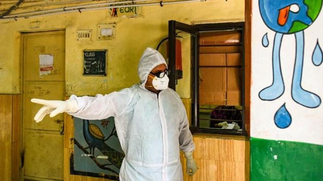 New Delhi, India - June 19, 2020: A health worker in PPE seen at a COVID-19 tesing centre in SKV Government Girls Senior Secondary School, in Chandni Chowk, New Delhi.(Amal KS/HT PHOTO)