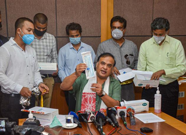 Assam State Minister Himanta Biswa Sarma speaks to media in Guwahati.(PTI)