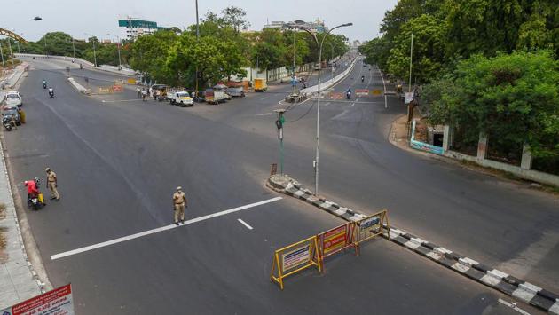 Police presence on the roads of Chennai on June 20. At 62,087 cases, Tamil Nadu trails Delhi as the third most affected state in the country. The state placed its four worst-hit districts including Chennai under strict lockdown on June 19. That list includes the jurisdiction of Madurai Corporation limits, Paravai Town Panchayat and rural blocks of Madurai east, Madurai west and Thiruparankundram from today. (PTI)