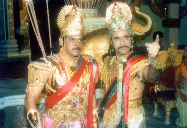 Pankaj Dheer as Karn and Puneet Issar as Duryodhan in the original Mahabharat television serial.(Mahabharat TV serial, 1988-1990)