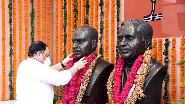 BJP National President J.P. Nadda paying floral tribute to Dr Syama Prasad Mookerjee on his death anniversary at the BJP headquarters in New Delhi on Tuesday. (ANI) BJP National President J.P. Nadda paying floral tribute to Dr Syama Prasad Mookerjee on his death anniversary at the BJP headquarters in New Delhi on Tuesday. (ANI)