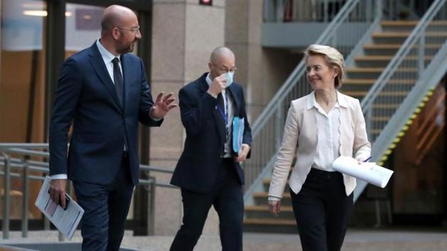 European Council President Charles Michel and European Commission President Ursula von der Leyen arrive to attend a news conference following a virtual summit with Chinese President Xi Jinping in Brussels, Belgium. (REUTERS) European Council President Charles Michel and European Commission President Ursula von der Leyen arrive to attend a news conference following a virtual summit with Chinese President Xi Jinping in Brussels, Belgium. (REUTERS)