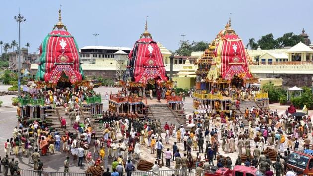 Chariots of Lord Balabhadra, Subhadra and Jagannath ahead of the procession towards the Gundicha temple during the Rath Yatra festival in Puri.(PTI)