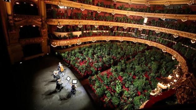 Nursery plants are seen placed in people's seats during a rehearsal as Barcelona's Gran Teatre del Liceu opera reopens its doors with a concert for plants to raise awareness about the importance of an audience after the lockdown, amid the coronavirus disease (COVID-19) outbreak, in Barcelona, Spain June 22, 2020.(REUTERS/Nacho Doce)