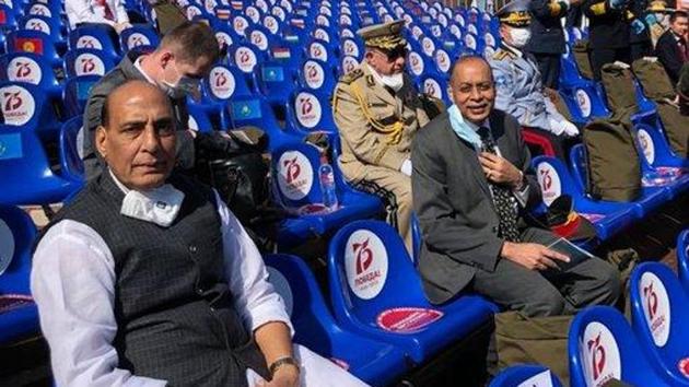 Union defence minister Rajnath Singh in Moscow. (@rajnathsingh/Twitter) Union defence minister Rajnath Singh in Moscow. (@rajnathsingh/Twitter)