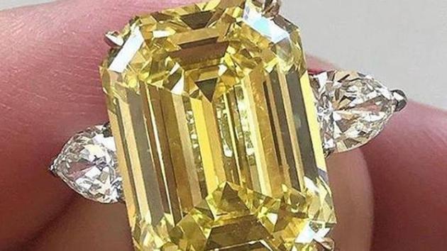 A vivid yellow diamond ring at Sotheby’s Geneva.  (sotheby's/instagram) 