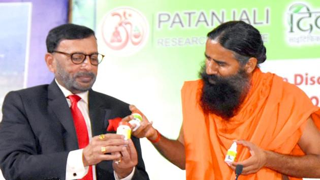 Baba Ramdev’s claim of producing an Ayurvedic medicine kit to cure Covid-19 has run into trouble with authorities.(ANI Photo)