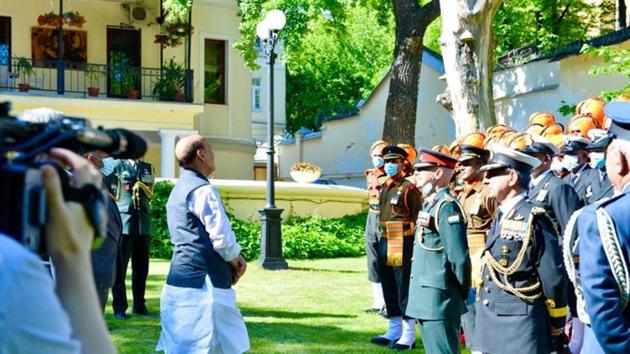 Defence Minister Rajnath Singh interacted with the Tri-Service Contingent of the Indian Armed Forces that participated in the Victory Day Parade in Moscow on Wednesday, 24 June, 2020. (ANI) Defence Minister Rajnath Singh interacted with the Tri-Service Contingent of the Indian Armed Forces that participated in the Victory Day Parade in Moscow on Wednesday, 24 June, 2020. (ANI)
