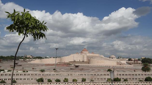 Monsoon clouds fill the sky above Ambedkar memorial park in Lucknow.(AP)