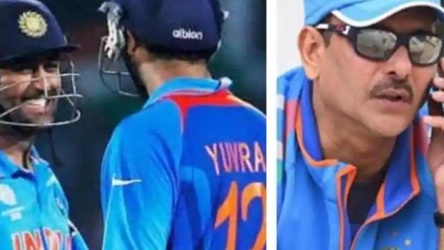Yuvraj Singh and MS Dhoni (L), Ravi Shastri (R)(HT Collage)