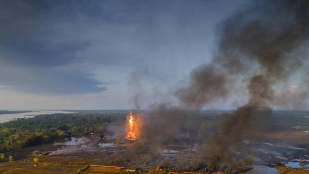 The gas well located at Baghjan had a blowout --- an uncontrolled release of gas and oil condensate --- on May 27 and it caught fire on June 9, which killed two firefighters and over 1,600 families, who were living close to the site of the industrial disaster, were displaced.(PTI file photo)