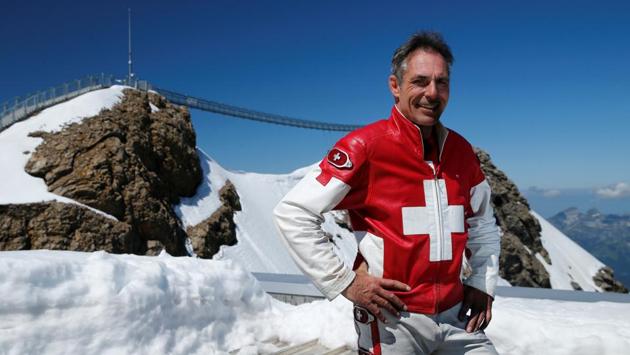 Swiss acrobat Freddy Nock poses for a picture after performing during the Airshow, marking the reopening of facilities after the coronavirus disease (COVID-19) lockdown in Les Diablerets, Switzerland, June 23, 2020. (REUTERS/Denis Balibouse)