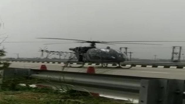 The chopper made the emergency landing on the Kundli-Ghaziabad-Palwal expressway, also called the Eastern Peripheral Expressway. (ANI PHOTO.) The chopper made the emergency landing on the Kundli-Ghaziabad-Palwal expressway, also called the Eastern Peripheral Expressway. (ANI PHOTO.)