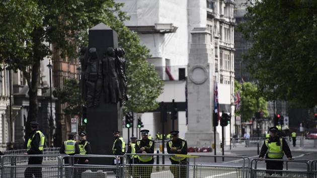 British police officers secure the area around The Cenotaph war memorial on Whitehall in central London, during a protest, organised by Black Lives Matter, at the Parliament Square in central London, Sunday, June 21, 2020, in the wake of the killing of George Floyd by police officers in Minneapolis, USA last month that has led to anti-racism protests in many countries calling for an end to racial injustice. Anti-racism demonstrators are holding a fourth weekend of protests across the U.K.(AP Photo/Alberto Pezzali) (AP file photo. Representative image) British police officers secure the area around The Cenotaph war memorial on Whitehall in central London, during a protest, organised by Black Lives Matter, at the Parliament Square in central London, Sunday, June 21, 2020, in the wake of the killing of George Floyd by police officers in Minneapolis, USA last month that has led to anti-racism protests in many countries calling for an end to racial injustice. Anti-racism demonstrators are holding a fourth weekend of protests across the U.K.(AP Photo/Alberto Pezzali) (AP file photo. Representative image)