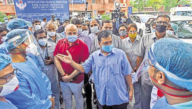 Arvind Kejriwal also announced his government is focussing on scaling up ICU beds in the city at the earliest.. (Photo by Biplov Bhuyan/ Hindustan Times) (Biplov Bhuyan/HT PHOTO) Arvind Kejriwal also announced his government is focussing on scaling up ICU beds in the city at the earliest.. (Photo by Biplov Bhuyan/ Hindustan Times) (Biplov Bhuyan/HT PHOTO)