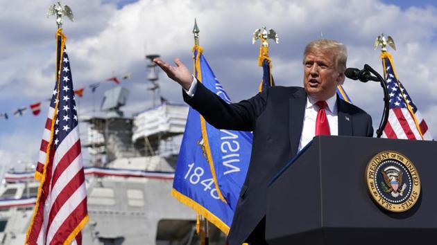 President Donald Trump speaks during a visit to Fincantieri Marinette Marine. (PTI) President Donald Trump speaks during a visit to Fincantieri Marinette Marine. (PTI)