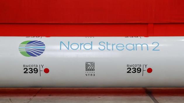 The logo of the Nord Stream 2 gas pipeline project is seen on a large diameter pipe at Chelyabinsk Pipe Rolling Plant owned by ChelPipe Group in Chelyabinsk, Russia.(REUTERS)