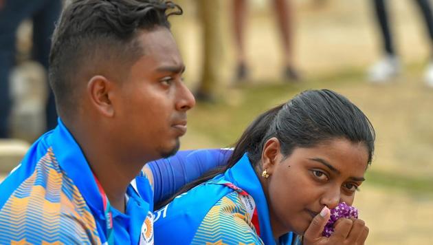 Indian archers Deepika Kumari and Atanu Das look dejected after recurve in mix team elimination event at the Asian Games 2018.(PTI)
