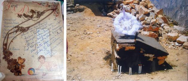 The wild flowers from Knoll, Drass, preserved in late Capt Vijayant Thapar’s baby book (left) and The Memory Cross at Point 4812, Batalik, honours late Capt Clifford Nongrum.(PHOTO: COL VN THAPAR (RETD)/KEISHING PETER)