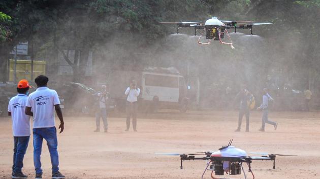 Bengaluru: Health officials use drones to sanitize an area in the wake of coronavirus pandemic, in Bengaluru, Saturday, June 27, 2020. (PTI Photo/Shailendra Bhojak)(PTI27-06-2020_000228B) (PTI) Bengaluru: Health officials use drones to sanitize an area in the wake of coronavirus pandemic, in Bengaluru, Saturday, June 27, 2020. (PTI Photo/Shailendra Bhojak)(PTI27-06-2020_000228B) (PTI)