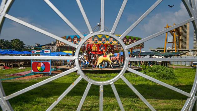 A view of Rambo Circus which shut down due to the lockdown following the coronavirus (COVID-19) pandemic at Airoli, in Navi Mumbai, on June 25. The gates are padlocked, the once vibrant striped yellow and blue big top is faded and sagging and the carousel with its dancing horses has long stopped. (Mitesh Bhuvad / PTI)