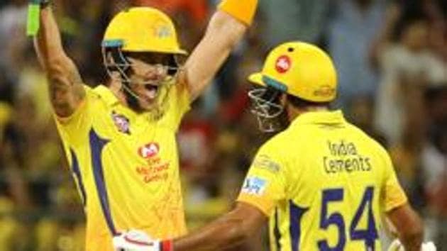 Faf du Plessis of the Chennai Superkings and Shardul Thakur of the Chennai Superkings celebrates after winning the qualifier 1 match of the Vivo Indian Premier League 2018 (IPL 2018) between the Sunrisers Hyderabad and the Chennai Super Kings. (BCCI Photo) Faf du Plessis of the Chennai Superkings and Shardul Thakur of the Chennai Superkings celebrates after winning the qualifier 1 match of the Vivo Indian Premier League 2018 (IPL 2018) between the Sunrisers Hyderabad and the Chennai Super Kings. (BCCI Photo)