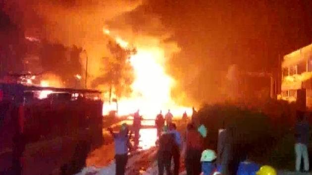 Fire broke out at a chemical factory in Khambhat, Anand district. (ANI Photo) Fire broke out at a chemical factory in Khambhat, Anand district. (ANI Photo)