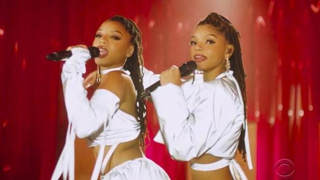 In this video grab issued Sunday, June 28, 2020, by BET, Chloe Bailey, left, and Halle Bailey, of Chloe x Halle, perform during the BET Awards. (AP)