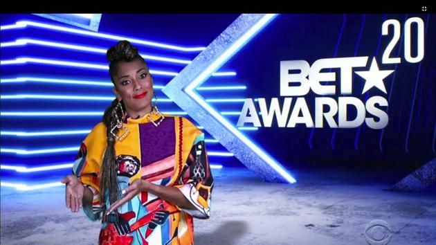 In this video grab issued Sunday, June 28, 2020, by BET, host Amanda Seales speaks during the BET Awards. (AP)