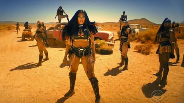 In this video grab issued Sunday, June 28, 2020, by BET, Megan Thee Stallion, center, performs during the BET Awards. (AP) In this video grab issued Sunday, June 28, 2020, by BET, Megan Thee Stallion, center, performs during the BET Awards. (AP)
