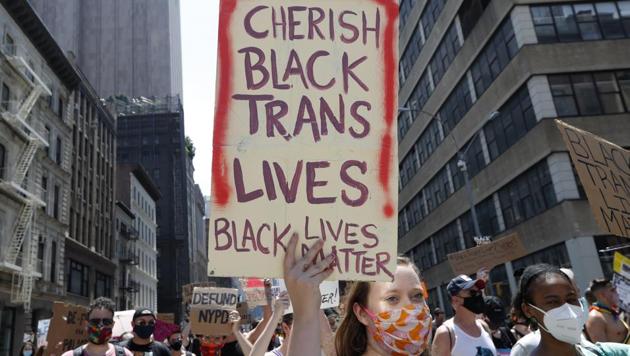 Protesters march through the streets during a queer liberation march for Black Lives Matter and against police brutality, Sunday, June 28, 2020, in New York. (AP)