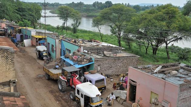 An aerial view of the residential colony on the bank of river Krishna. at Vishnu ghat, Sangli. (Uday Deolekar) An aerial view of the residential colony on the bank of river Krishna. at Vishnu ghat, Sangli. (Uday Deolekar)