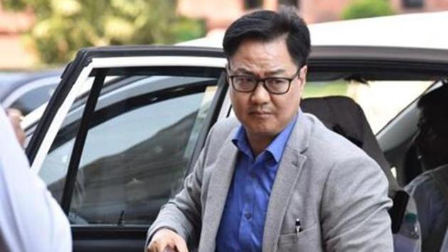 Minister of State for Youth Affairs and Sports Kiren Rijiju arrives to attend the Budget Session at Parliament House.(Sonu Mehta/HT PHOTO)