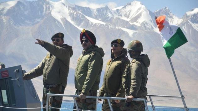 Lt Gen YK Joshi, GOC Ladakh 14 Corps, along with then Northern Army commander Lt Gen Ranbir Singh on a boat patrol in Ladakh’s Pangong Tso lake in September 2019(Indian Army)