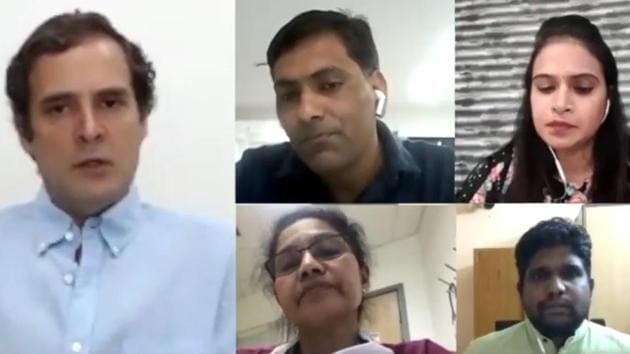 Former Congress president Rahul Gandhi holding discussion with nurses on Wednesday.(YouTube/Rahul Gandhi) Former Congress president Rahul Gandhi holding discussion with nurses on Wednesday.(YouTube/Rahul Gandhi)
