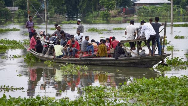 According to the Central Water Commission (CWC), the Brahmaputra continued to flow above the danger mark at Nematighat, Tezpur, Guwahati, Goalpara and Dhubri. (PTI PHOTO.) According to the Central Water Commission (CWC), the Brahmaputra continued to flow above the danger mark at Nematighat, Tezpur, Guwahati, Goalpara and Dhubri. (PTI PHOTO.)