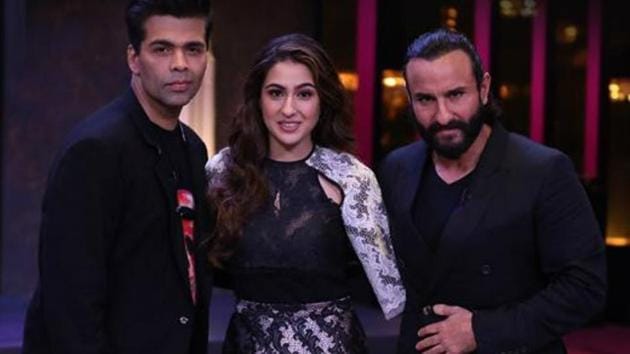 Saif Ali Khan and his daughter Sara pose with Karan Johar.