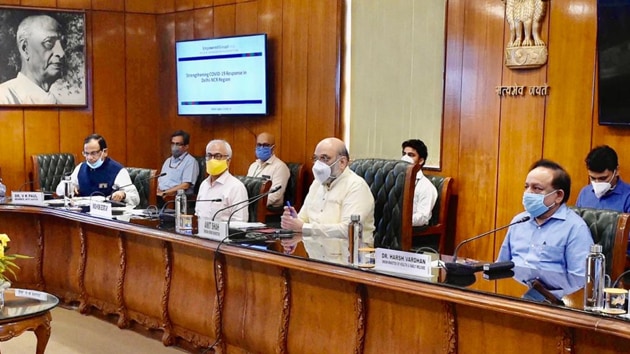 A meeting was held by Union home minister Amit Shah to review management of Covid-19 situation in NCR and discuss a unified strategy to tackle the pandemic, on July 2, 2020. co(PIB / Twitter) A meeting was held by Union home minister Amit Shah to review management of Covid-19 situation in NCR and discuss a unified strategy to tackle the pandemic, on July 2, 2020. co(PIB / Twitter)