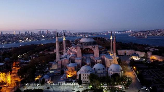 An aerial view of the Byzantine-era monument of Hagia Sophia on the first day of the holy month of Ramadan, during a four-day curfew which was imposed to prevent the spread of the coronavirus disease (COVID-19), in Istanbul, Turkey, April 24, 2020. (REUTERS)