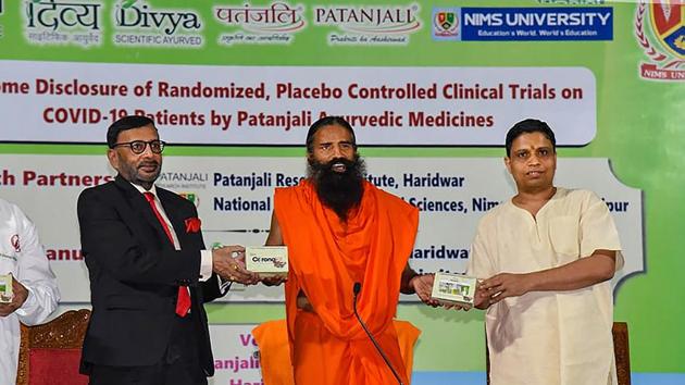 On Wednesday, Ramdev reaffirmed that Patanjali followed all legal procedures in carrying out clinical control trials of the drugs on Covid-19 positive patients.(PTI file photo)