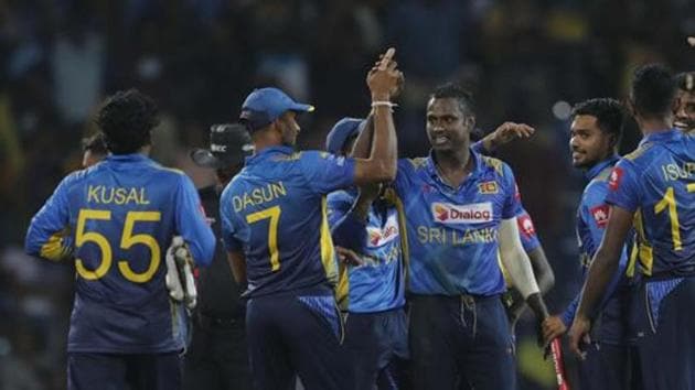 Pallekele: Sri Lankan team members celebrate their victory over West Indies' by six runs in the third one day international cricket match between Sri Lanka and West Indies in Pallekele, Sri Lanka, Sunday, March 1, 2020.(AP) Pallekele: Sri Lankan team members celebrate their victory over West Indies' by six runs in the third one day international cricket match between Sri Lanka and West Indies in Pallekele, Sri Lanka, Sunday, March 1, 2020.(AP)