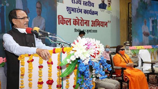 Madhya Pradesh chief minister Shivraj Singh Chouhan during the launch of statewide 'Kill Corona' campaign in Bhopal on Wednesday.(ANI File Photo)